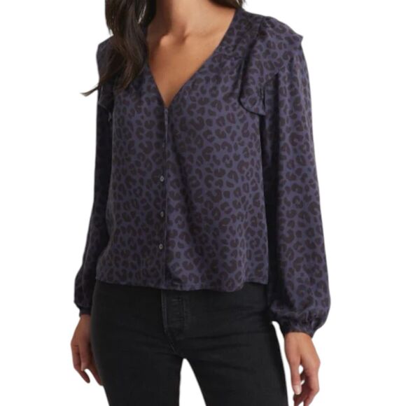 NWT Marine Layer Rory Blue Cheetah Print Ruffle Long Sleeve Blouse Size XS - Picture 1 of 8